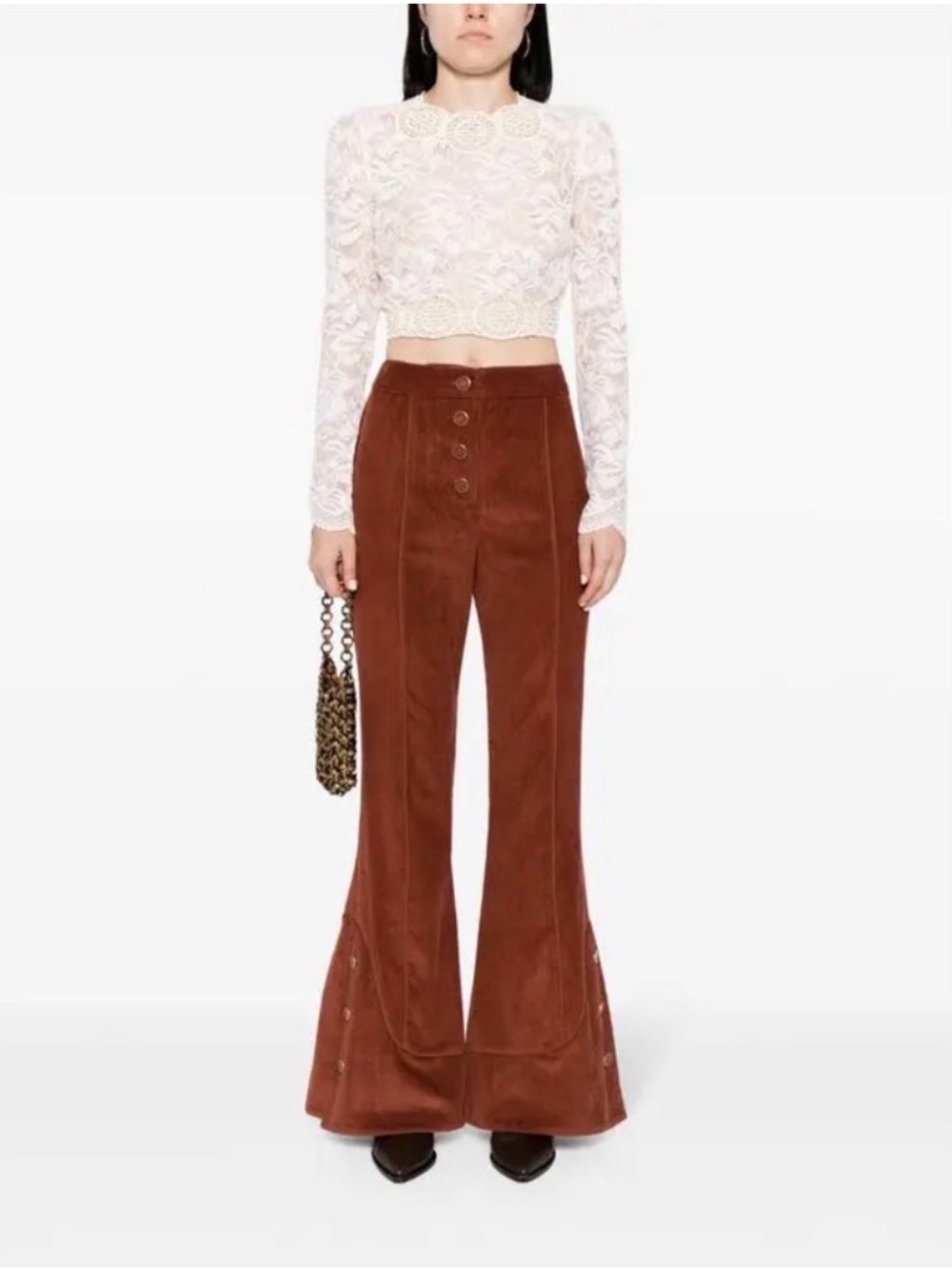 FARM Rio Burnt Orange High-Waist Flared corduroy Button-Front Pants